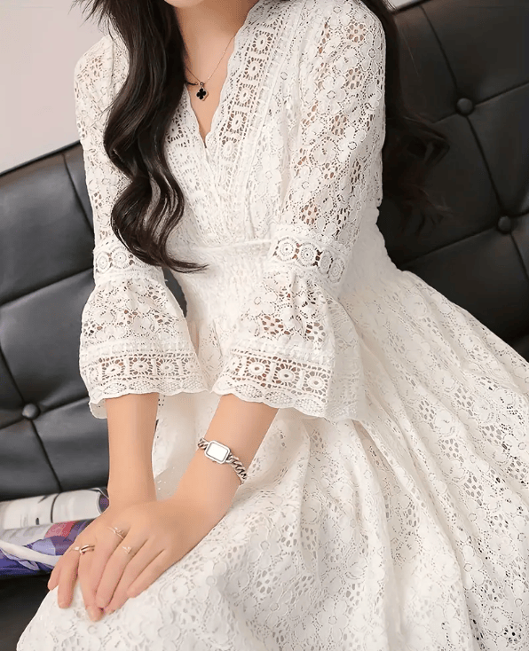 Elegant White Lace V-Neck Dress with Cut-Out Details, Long Sleeves, and Belt