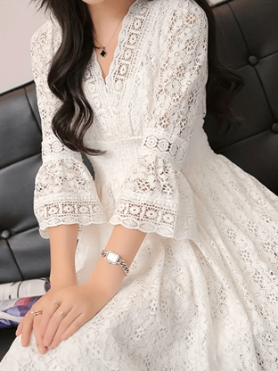 Elegant White Lace V-Neck Dress with Cut-Out Details, Long Sleeves, and Belt